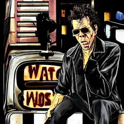 Prompt: tom waits in the style of Grand Theft Auto, by Stephen Bliss