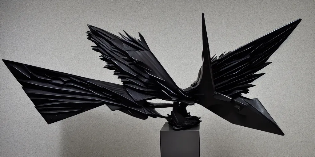 Prompt: ASYMMETRICAL irregular brutalist black-metal winged sculpture made of glossy black rubber and industrial hardware, sharp irregular spiraling wings, long sharp jagged edges, designed by nancy grossman, anish kapoor, herman nitsch, 8k, hyperrealistic, hyper-detailed, highly textured, gloss finish, dark volumetric lighting