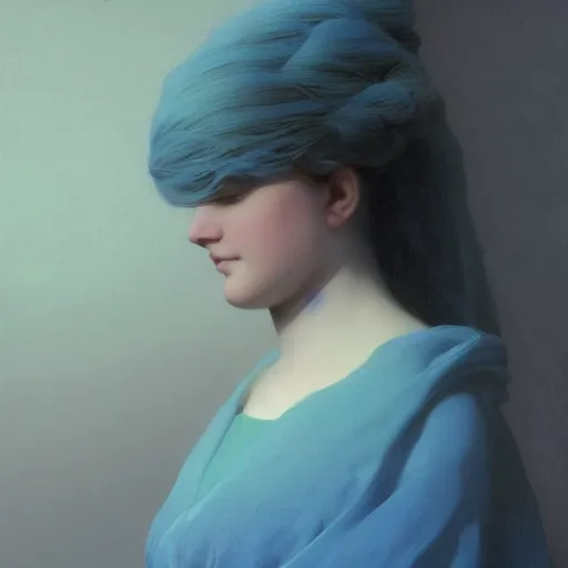 Image similar to a young woman's face, her hair is white and she wears an indigo blue satin cloak, by ivan aivazovsky and syd mead and moebius and gaston bussiere and roger dean and pieter claesz and paul delaroche and alma tadema and aelbert cuyp and jan heem, hyperrealistic, volumetric light, octane render