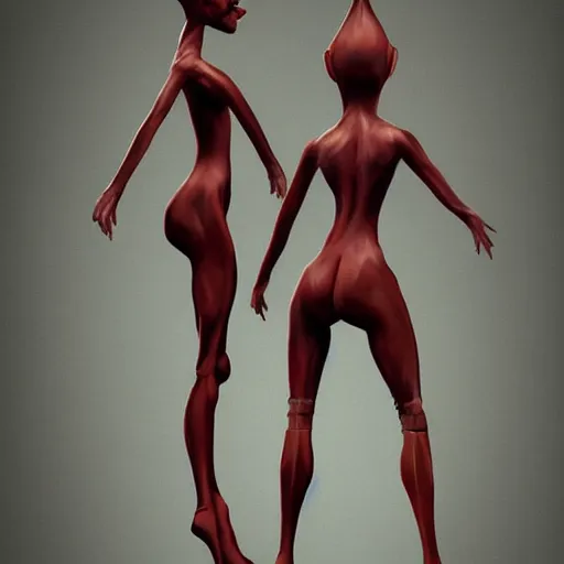 Prompt: Two elegant humanoid creatures leaning against each other with their backs touching, fused at the shoulders, dancing on their pointy limbs. Award-winning digital art, trending on ArtStation