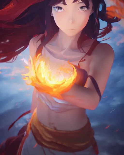 Prompt: the goddess of fire, spunk and intense beauty, full shot, atmospheric lighting, detailed face, by makoto shinkai, stanley artgerm lau, wlop, rossdraws