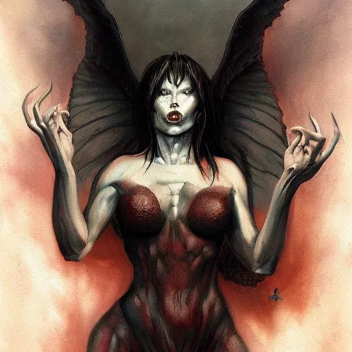 Image similar to portrait of erinyes demon, misty night, beautiful! coherent! by brom! deep colors, strong lines, high contrast