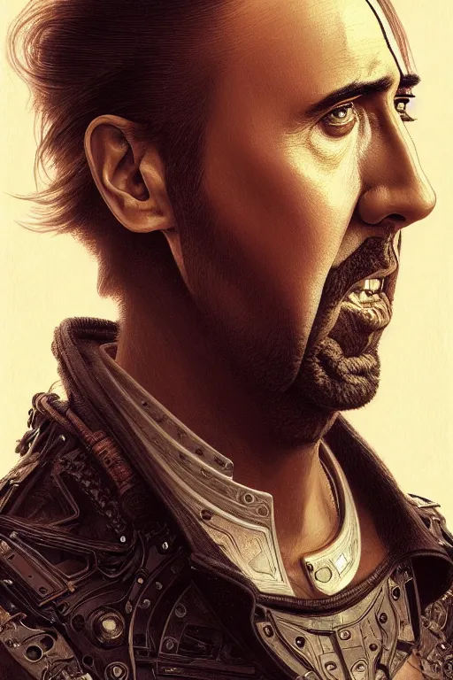 Image similar to nicolas cage mechanical android!, half portrait, intricate detailed environment, photorealistic!, intricate, elegant, highly detailed, digital painting, artstation, concept art, smooth, sharp focus, illustration, art by artgerm and greg rutkowski and alphonse mucha