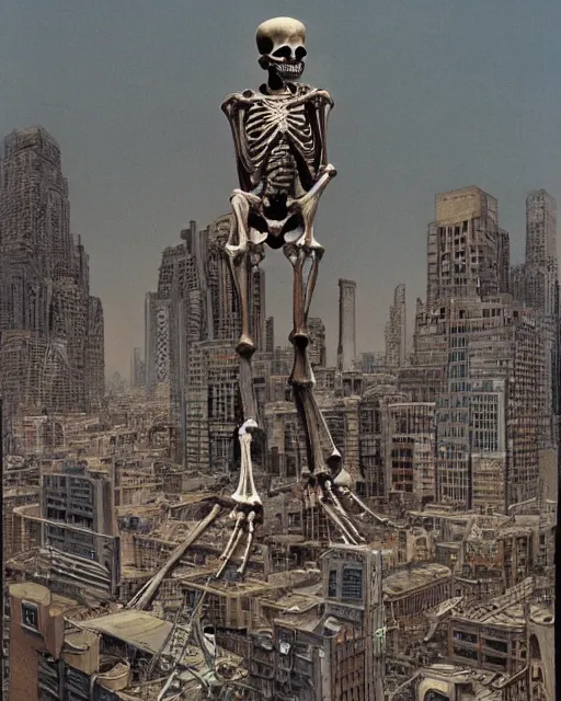 Prompt: a huge human skeleton looming over a city provoking an unsettling emotion, POV of city workers, photorealism by Wayne Barlowe