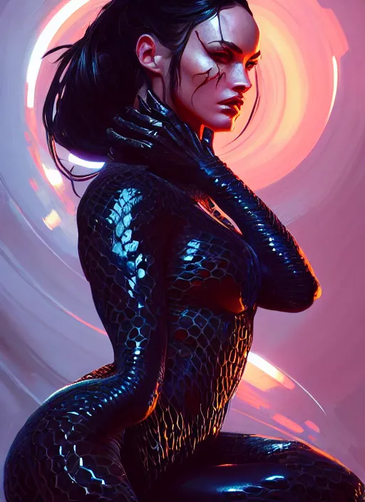 Image similar to portrait of apex legends megan fox, venom intricate, elegant, glowing lights, highly detailed, digital painting, artstation, glamor pose, concept art, smooth, sharp focus, illustration, art by artgerm and greg rutkowski, artey freytag