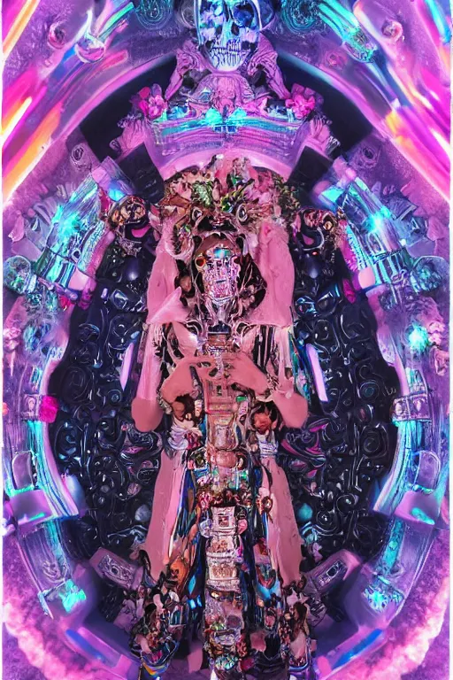 Image similar to photo of full-body rococo and cyberpunk delicate neon crystalline sculpture of ((handsome muscular onyx Aztec prince)) as an iridescent humanoid deity wearing ((peach plastic hooded cloak)) (holding an onyx skull) in a onyx aztec temple, reclining, glowing blue face, crown of (pink lasers), large blue diamonds, swirling black silk fabric. futuristic elements. oozing glowing liquid, full-length view. space robots. intricate artwork by caravaggio. Trending on artstation, octane render, cinematic lighting from the right, hyper realism, photorealistic, octane render, 8k, depth of field, 3D