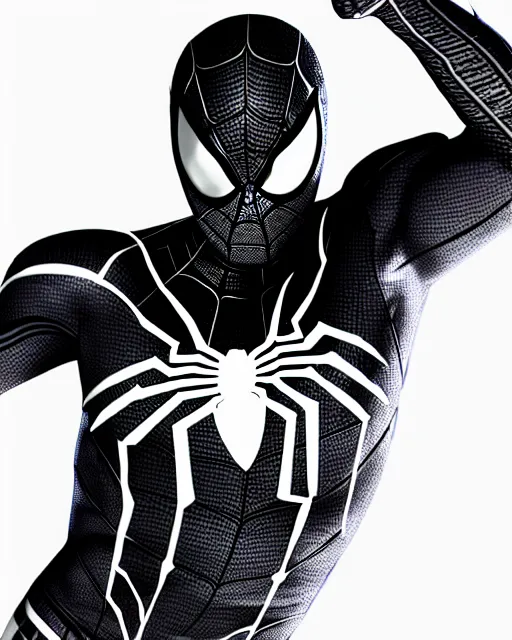 Image similar to photorealistic, hyperdetailed sketch of black spider - man suit with white webbing by insomniac games