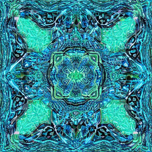 Image similar to multi faceted blue and emerald crystal formation with black and white tendrils of smoke wrapped around, recursive, tessellation