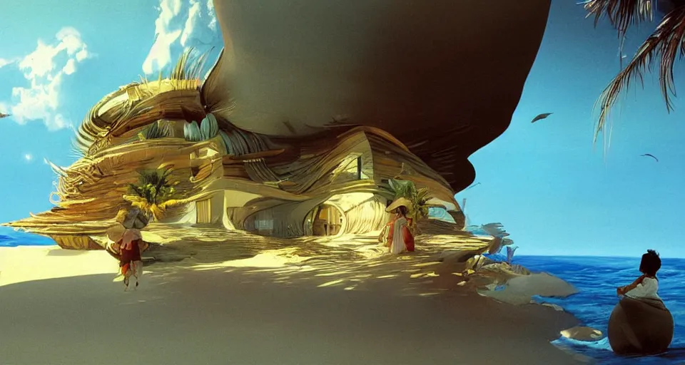 Prompt: environment art, seashell house where a hermit girl lives, atmospheric cinematography by syd mead and emmanuel lubezki