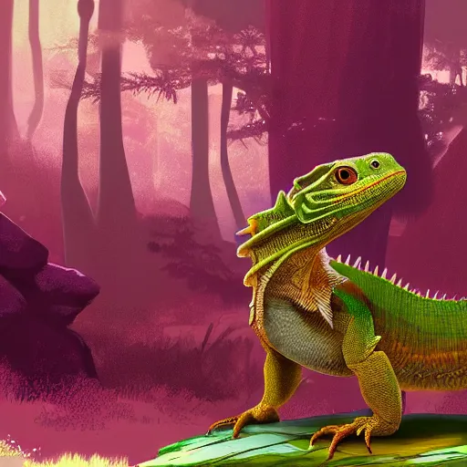 Image similar to concept art painting of an anthropomorphic bearded dragon anthro wearing magenta wizard robes, in the deep forest, realistic, detailed, cel shaded, in the style of makoto shinkai and greg rutkowski and james gurney