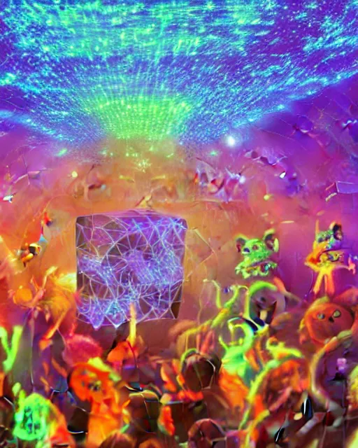 Prompt: a crowded rave party for dancing lovable cute furry monsters of every shape and size surrounding a laser show neon cube tesseract impossible geometry, portal to other worlds, geometric, generative, bending space and time, at hazy dusty dusk starry night sky