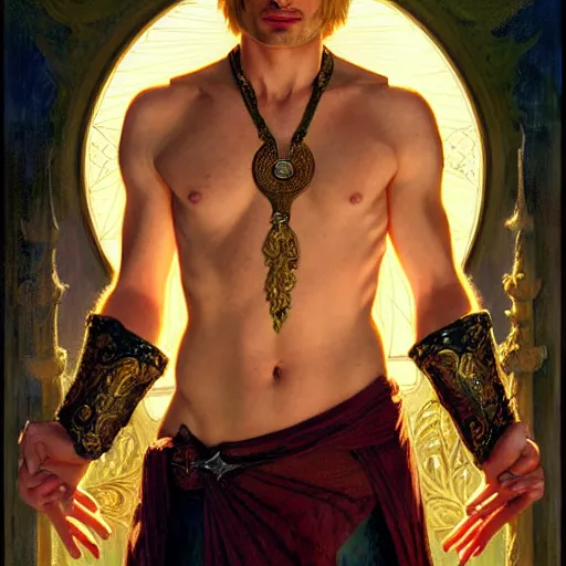 Prompt: attractive bradley james as lucifer morningstar, ornate long blond hair, whole body in frame, natural lighting, path traced, highly detailed, high quality, digital painting, by gaston bussiere, craig mullins, alphonse mucha j. c. leyendecker