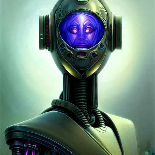 Image similar to front low angle shot of a cyberpunk gazmask robot character, intricate, elegant, highly detailed, centered, digital painting, artstation, concept art, smooth, sharp focus, illustration, artgerm, Tomasz Alen Kopera, Peter Mohrbacher, donato giancola, Joseph Christian Leyendecker, WLOP, Boris Vallejo