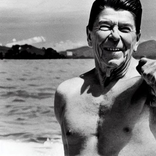 Image similar to ronald reagan wearing a bikini, nuclear explosion