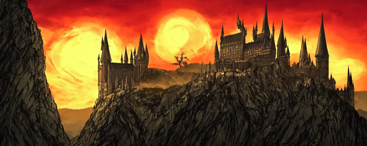 Image similar to Sunset over Hogwarts in Castlevania style, landscape, illustration, fantasy, gothic