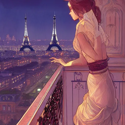 Prompt: paris scenic view balcony at night, intricate, elegant, highly detailed, digital painting, artstation, nier automata concept artsyle, by krenzcushart, artem demura, makoto shinkai, alphonse mucha