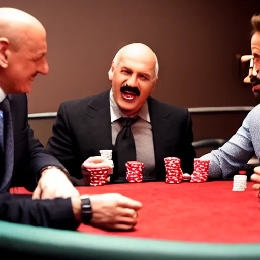 Image similar to Alexander Lukashenko playing poker with John Cena, Robert Downey Jr. and Al Pacino, cinematic still