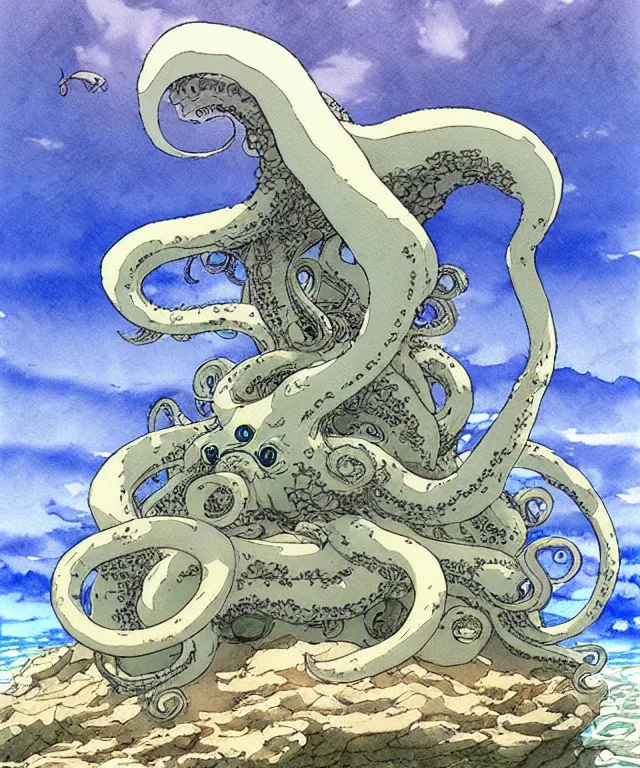 Image similar to a hyperrealist studio ghibli watercolor fantasy concept art of a giant grey octopus sitting on top of stonehenge underwater. by rebecca guay, michael kaluta, charles vess