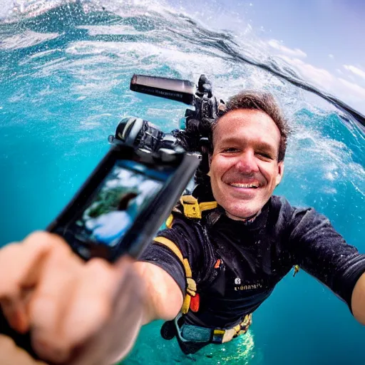 Image similar to national geographic photographer in the ocean taking a selfie smiling to the camera,