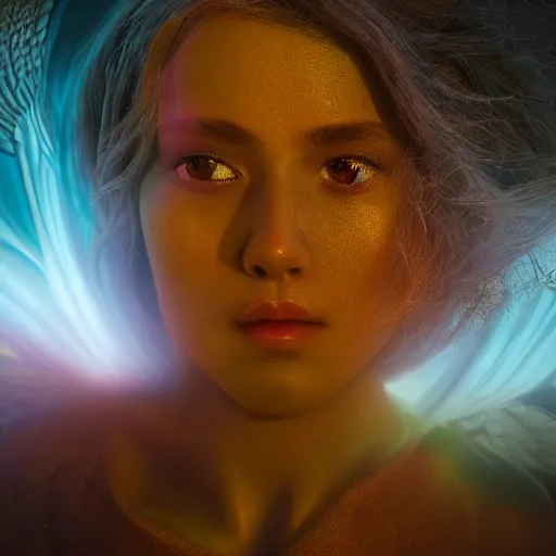 Image similar to masterpiece closeup portrait of a angel in a surreal dream landscape, cinematic lighting, Jayison Devadas style, 8k