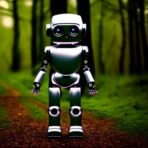 Image similar to a cute little robot in a wood. super realistic 8 k render of a dark hooded powerful elegant, cinematic composition