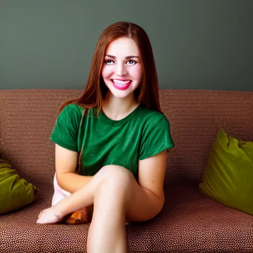 Image similar to a cute young woman smiling, long shiny bronze brown hair, full round face, green eyes, medium skin tone, light cute freckles, smiling softly, wearing casual clothing, relaxing on a modern couch, interior lighting, cozy living room background, medium shot, mid-shot, soft focus