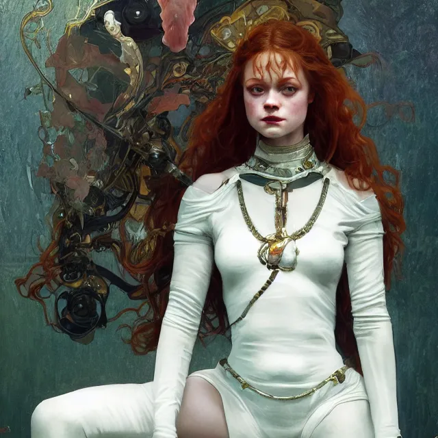 Prompt: sadie sink domme mistress, full body, dominatrix, tribal, smooth white tight clothes suit, ornate, very beautiful, concept art, realistic painting, androgynous, afrofuturism, daz 3 d, cinematic, cgsociety, digital art by greg rutkowski, by alphonse mucha