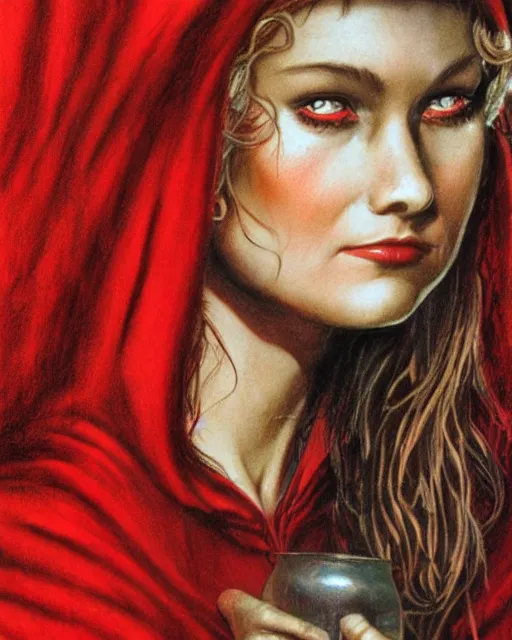 Image similar to little red riding hood, airbrush, drew struzan illustration art, key art, movie poster