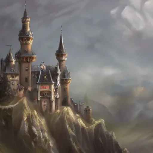 Image similar to a light oil painting of a magnificent light grey high fantasy castle on top of a mountain. below is a bustling town filled with people, artstation, rainy weather