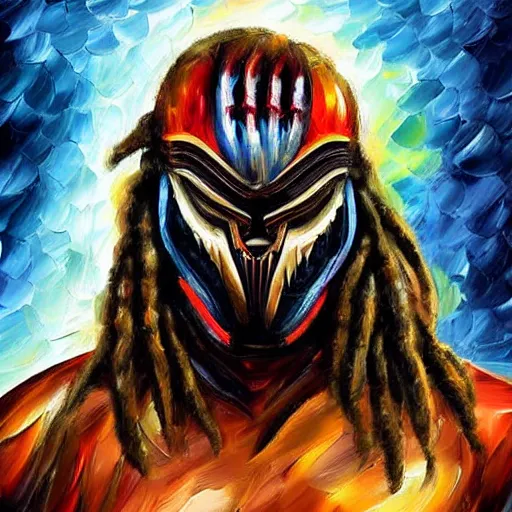 Prompt: digital painting of The Predator by Leonid Afremov, dreadlocks, alien helmet and armor