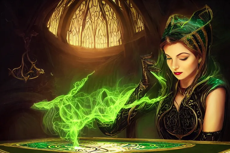 Image similar to a beautiful sorceress wearing a black robe with gold embroidery, sitting at table, casting a spell, green glows, painted by artgerm, in the style of magic the gathering, highly detailed digital art