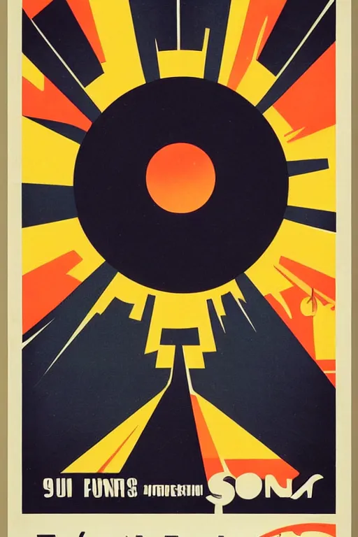 Image similar to poster of the sun, 1 9 5 0 s style, futuristic design, dark, symmetrical, washed out color, centered, art deco, 1 9 5 0's futuristic, glowing highlights, intense