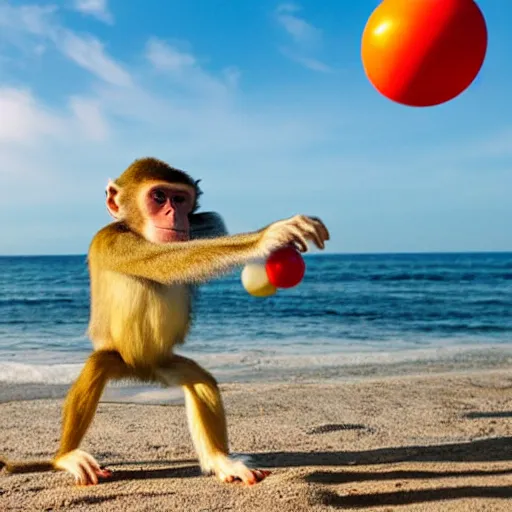 Prompt: monkey playing with beach ball at the beach,