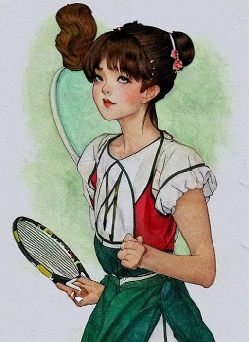 Prompt: a copic maker art nouveau portrait of a russian beautiful girl with sad face wearing a tennis player outfit inspired in inuyasha clothes by john berkey norman rockwell