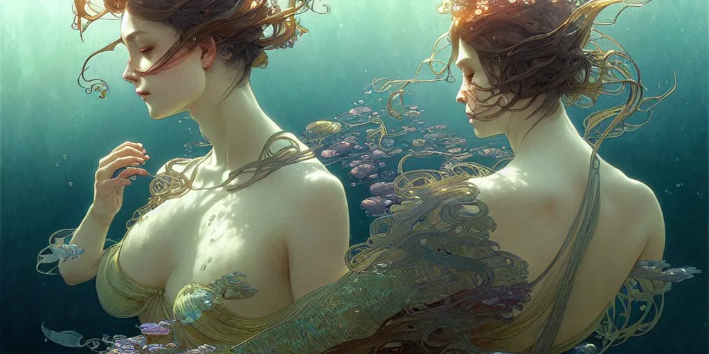 Image similar to a beautiful illustration of underwater life, intricate, sharp focus, illustration, highly detailed, digital painting, concept art, matte, art by wlop and artgerm and greg rutkowski and alphonse mucha, masterpiece