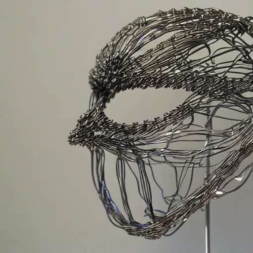 Image similar to pacman, wire sculpture, realistic silver metal wire sculpture, detailed and intricate