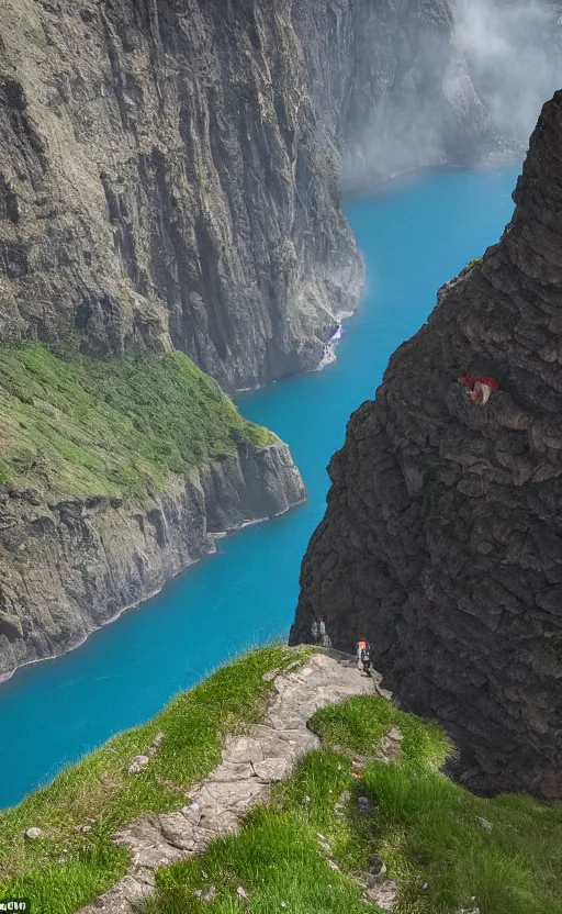 Prompt: We climbed the mountain Up impossible black cliffs Touching clouds But the path down Has been blocked, So we climb again Our eyes ever-focused On the crystal waters Of the valley below Unreal engine