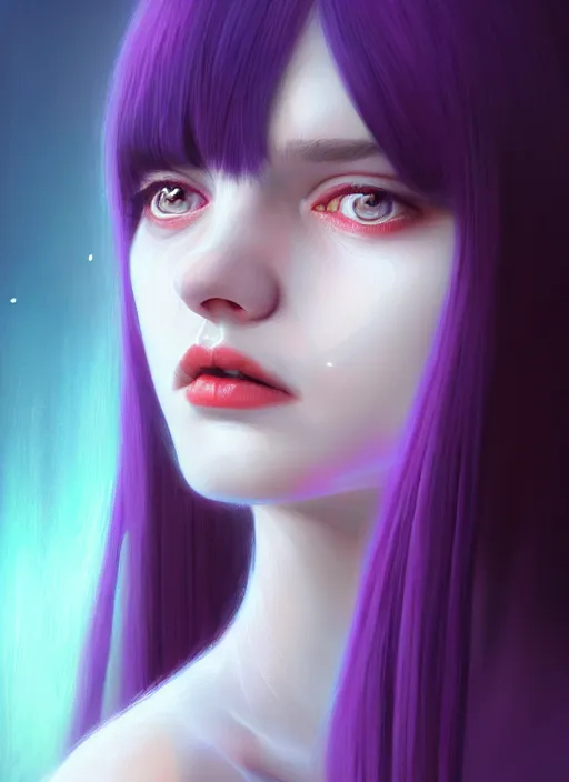 Image similar to hair whitebangs hair, black hair, whitebangs, portrait of teenage girl with white bangs, red irises, purple clothes, white bangs, bangs are different color from hair, intricate, elegant, glowing lights, highly detailed, digital painting, artstation, concept art, smooth, sharp focus, illustration, art by wlop, mars ravelo and greg rutkowski