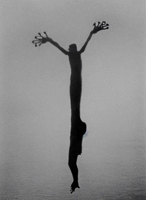 Image similar to “semitranslucent smiling frog amphibian vertically hovering over misty lake waters in crucifix pose, low angle, long cinematic shot by Andrei Tarkovsky, paranormal, eerie, mystical”