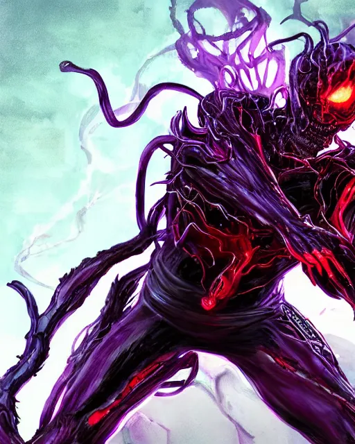 Image similar to ghost rider symbiote, purple and red variant, dynamic lighting, fantasy concept art, trending on art station, stunning visuals, creative, cinematic, ultra detailed, comic strip style