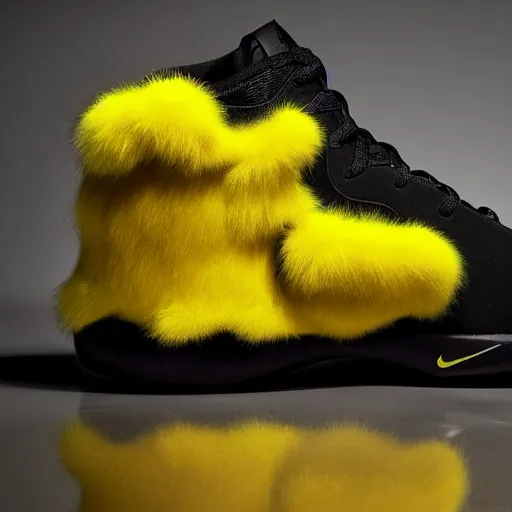 Image similar to nike model shoe made of very fluffy yellow and black faux fur placed on reflective surface, pikachu colors professional advertising, overhead lighting, heavy detail, realistic by nate vanhook, mark miner