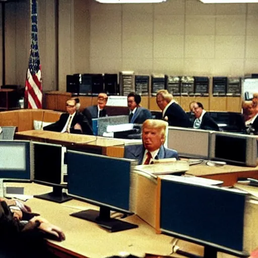 Prompt: candid color photo of Donald Trump nervously sitting at an enormous bank of very complicated, 1970's looking computers trying to blend in to avoid the fbi officers searching for him