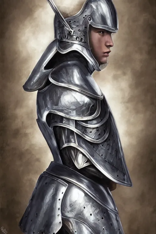 Image similar to a blonde male teenager wearing a silver plate armor, digital painting, digital art, oil painting, masterpiece, realistic and detailed face, profile picture, realistic, highly detailed, high quality, symmetrical, low contrast, trending on deviantart, soft colors, soft lighting, face portrait, beautiful, elegant, anatomically correct, castle in the background, bokeh, dof