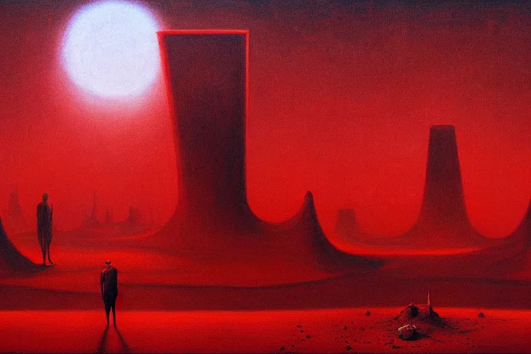 Image similar to only with red, a red god of death eat apple, a futuristic city on mars in background, floor are worms, in the style of beksinski, part by hopper, part by rodcenko, part by hofbauer, intricate composition, red by caravaggio, insanely quality, highly detailed, masterpiece, red light, artstation