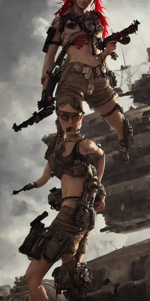 Image similar to tank girl, ultra highly detailed, fine art, action pose, wild eyes, dystopian, girl power, girl hero, anti war theme, in the style of greg rutkowski, 4 k