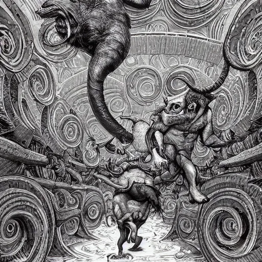 Prompt: a hyper realistic painting of a minotaur chasing people in a labyrinth, by joe fenton, highly detailed, vivid color,