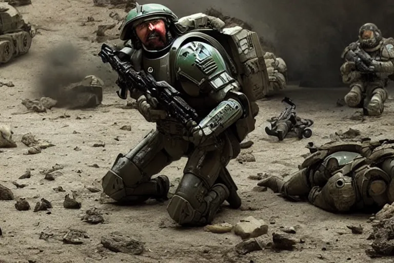 Image similar to VFX movie of a futuristic spacemarine in war zone, shooting gun natural lighting by Emmanuel Lubezki