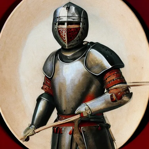 Prompt: Socialist realism portrait of medieval full plate armore knight 4k cinematic