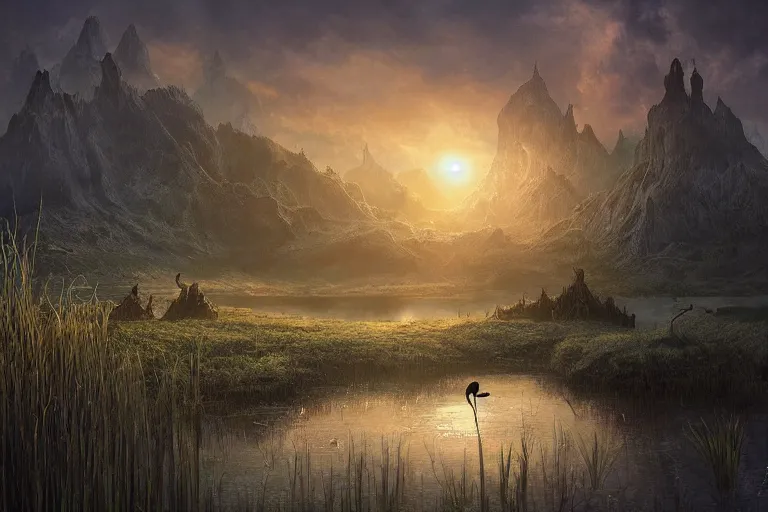 Image similar to fantasy painting, dungeons and dragons, a faerie village, swamp reeds wetland marsh sunset estuary, with ominous shadows, an egret by jessica rossier and brian froud cinematic painting