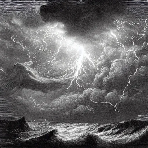 Prompt: drawing of large pepe the frog fighting lightning storm above a stormy ocean, by gustave dore, nineteenth century, black and white, vintage, science fiction, epic composition, dramatic lighting, highly detailed.